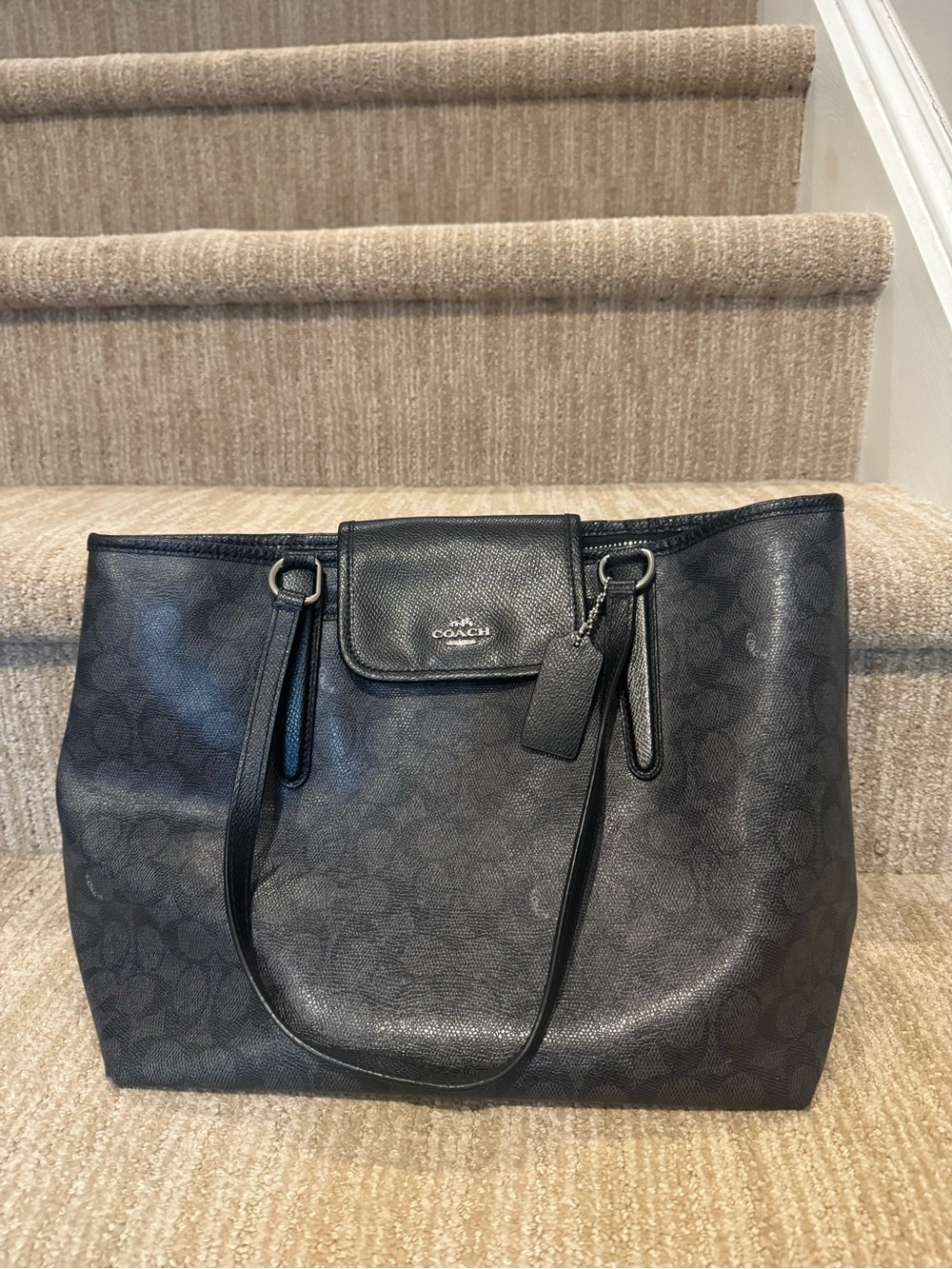 Coach Black Signature Tote with Leather Accent